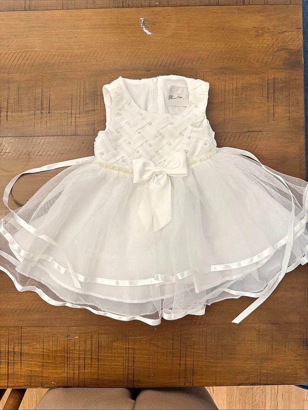 Rare Editions Infant White Basketweave Bodice Pearl Trim Mesh Party Dress Pearl